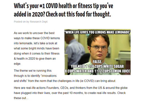 What’s your #1 COVID health or fitness tip you’ve added in 2020?