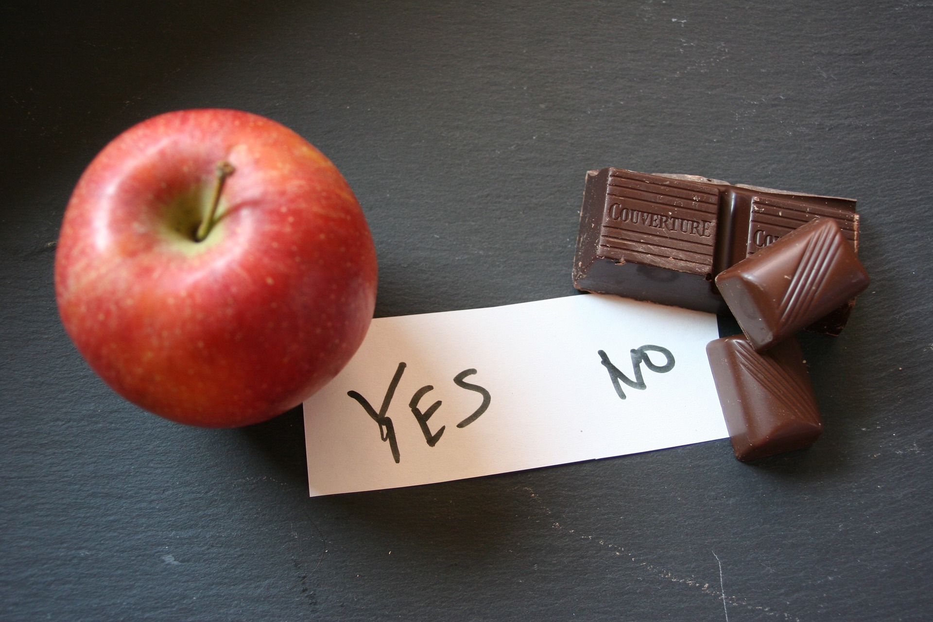 An apple and a piece of chocolate sit on a table with a piece of paper between them reading Yes on the apple side and No on the chocolate side.